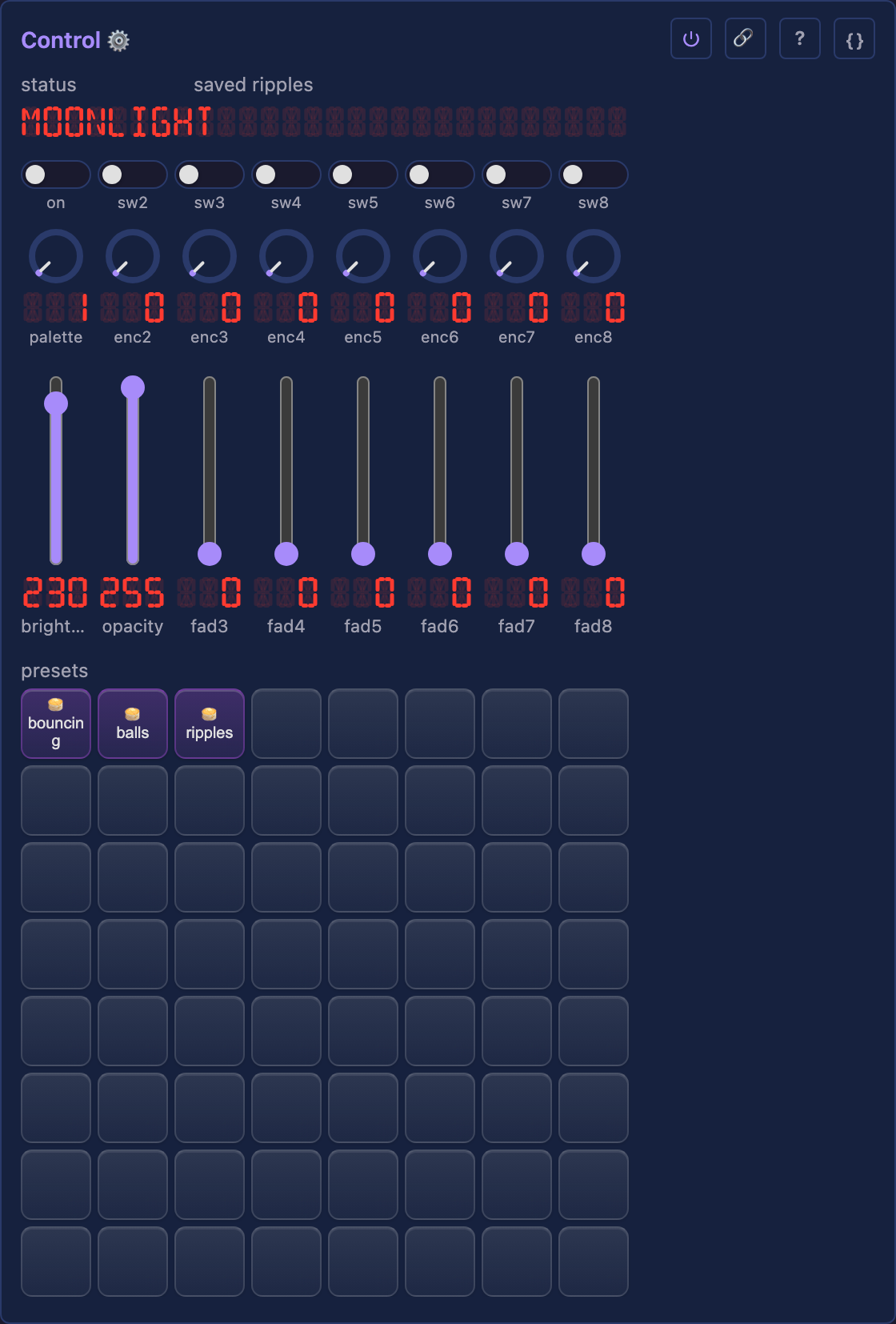 Control module surface: encoders, preset pads, faders