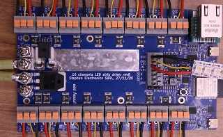 The LightCrafter 16 board: sixteen LED output channels around an ESP32-S3, with an Ethernet port