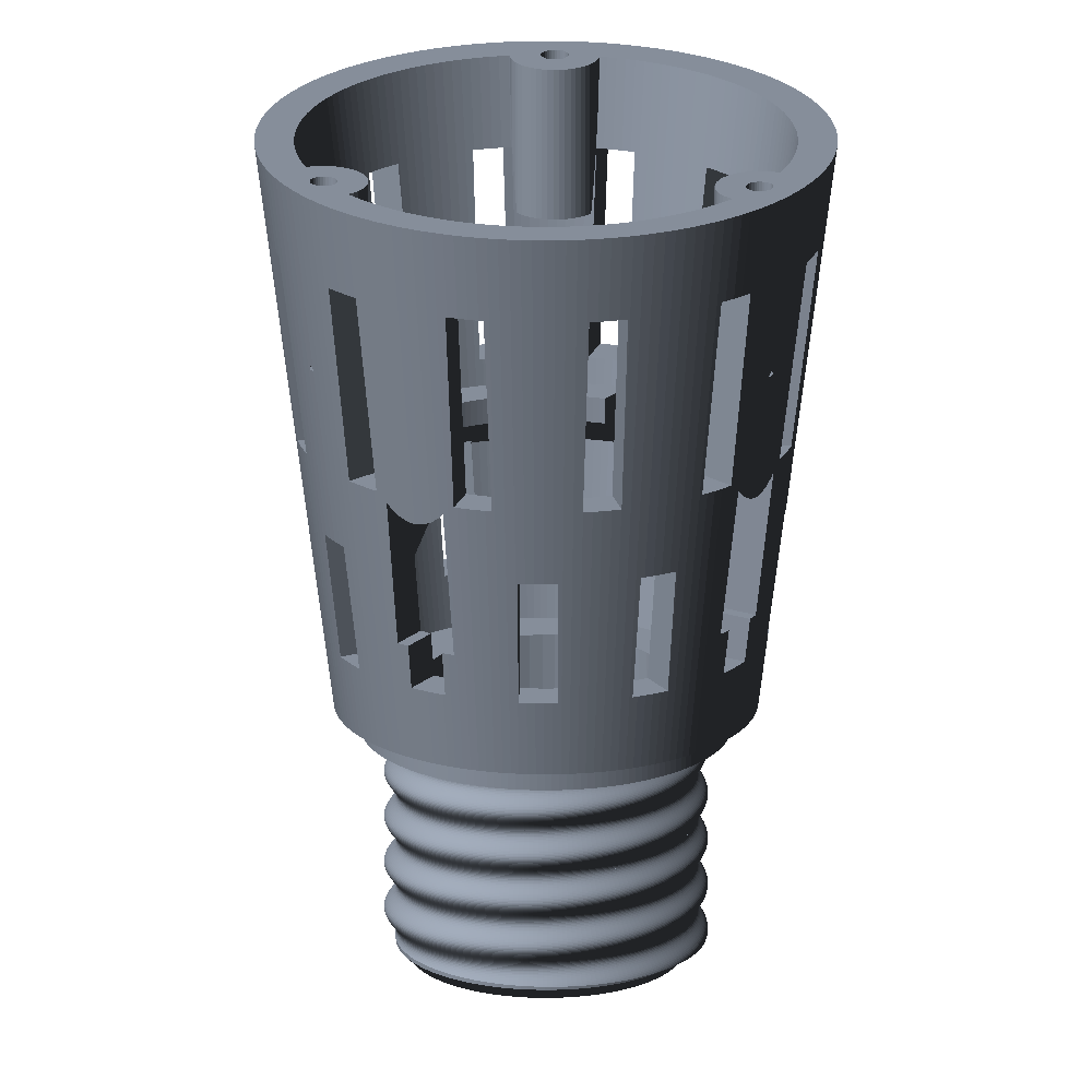 The 3D-printed eye bulb: a slotted, tapering body on a screw-thread base, open at the top