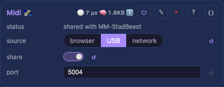 The bridge's MIDI card: source USB, share on, port 5004, status shared with MM-StadBeest