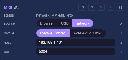 The leader's MIDI card: source network, profile Mackie Control, host 192.168.1.101, port 5004, connected to the bridge