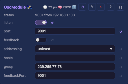 A follower's OSC card: listen on port 9001, feedback off