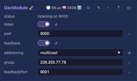 The leader's OSC card: listen, feedback on, multicast, group 239.255.77.78, feedbackPort 9001