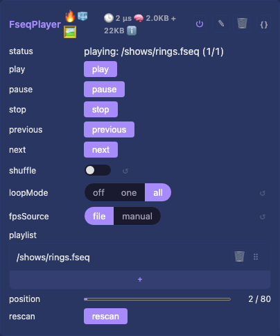The FseqPlayer card with its playlist and transport
