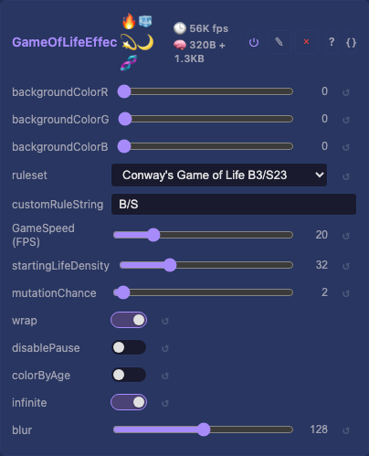 GameOfLifeEffect controls