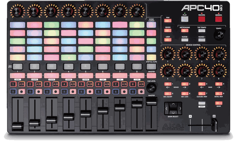 The Akai APC40 mkII: eight knobs with LED rings, a grid of 40 colored clip pads, eight channel strips with faders