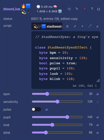 The eye effect card: bpm, sensitivity, pulse, pupil, look and blink