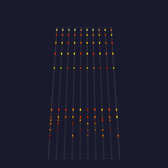 The thrusters in the preview: ten plumes of sparks pouring down the legs, white-yellow at the body and red at the tips