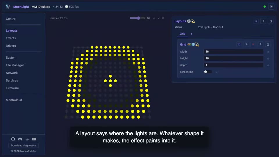 A grid resized while an effect runs, without a reboot