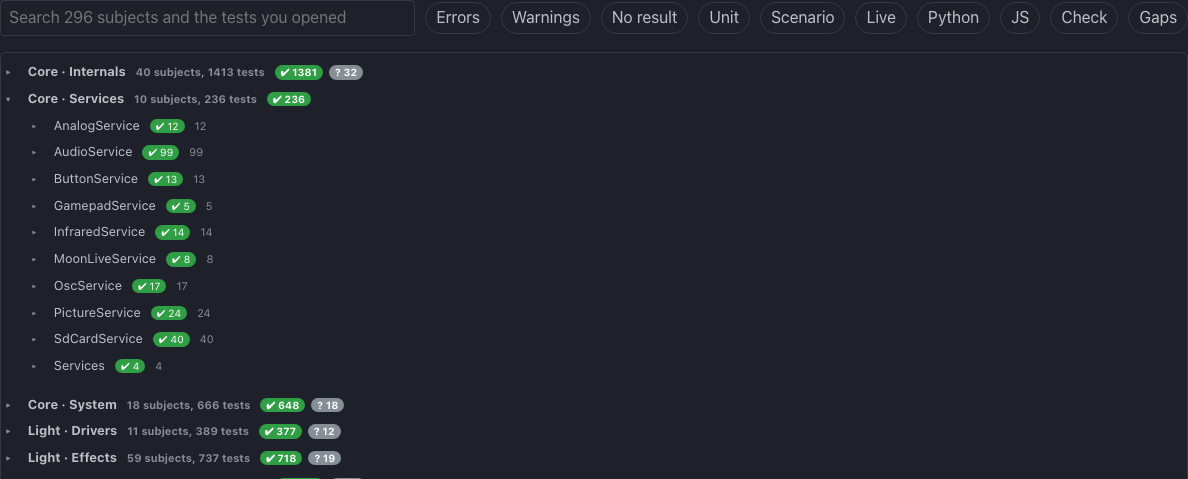 The Tests page: every test by subject, with its last result