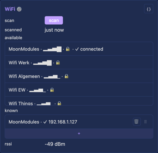 The WiFi card after a scan, the connected network and the known one