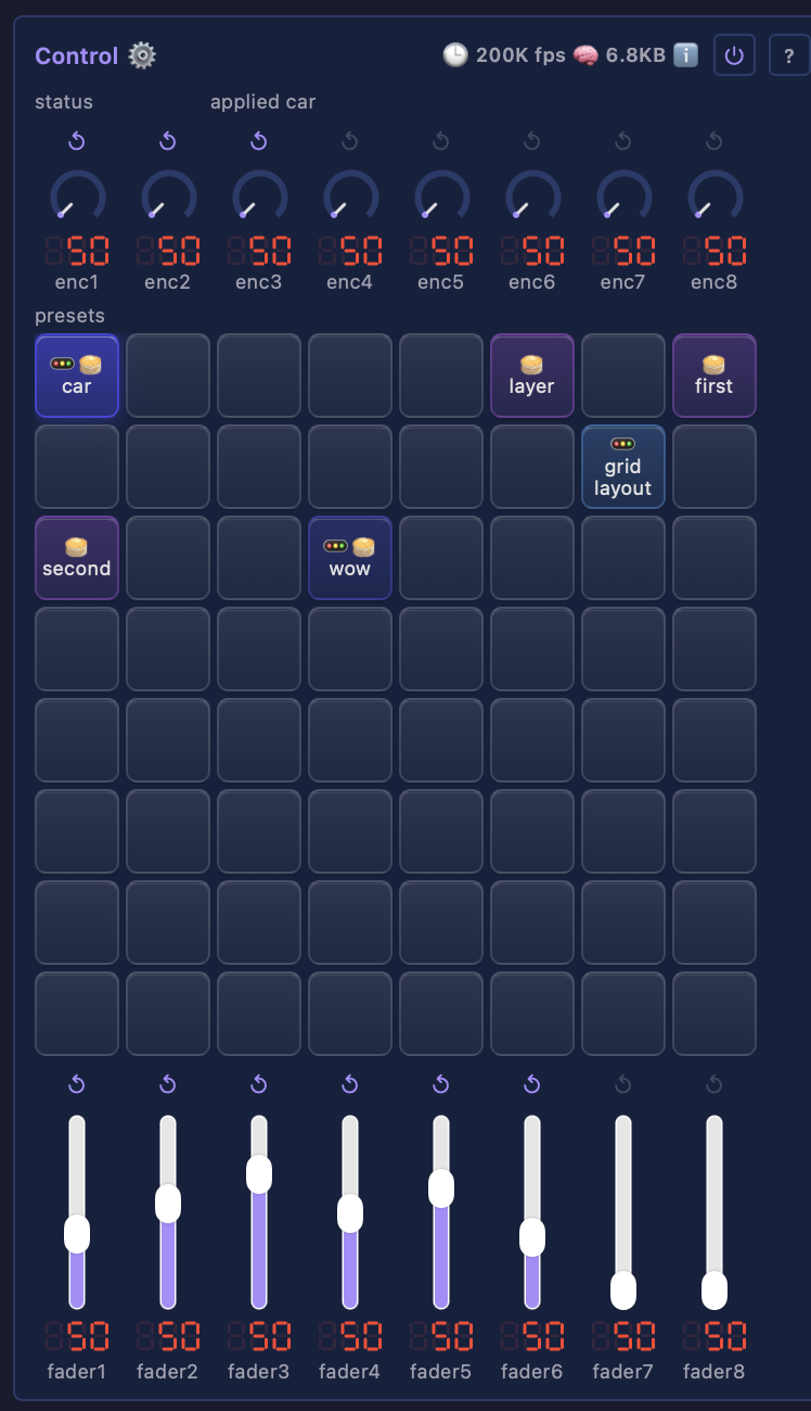 Control module surface: encoders, preset pads, faders