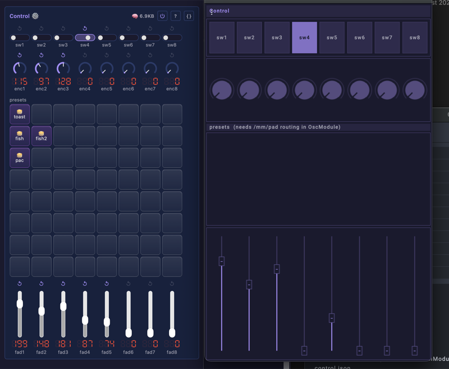The shipped Open Stage Control session beside projectMM's own Control card: eight switches, eight encoders and eight faders in both