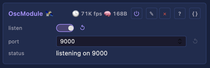 OSC module controls: listen, port, status