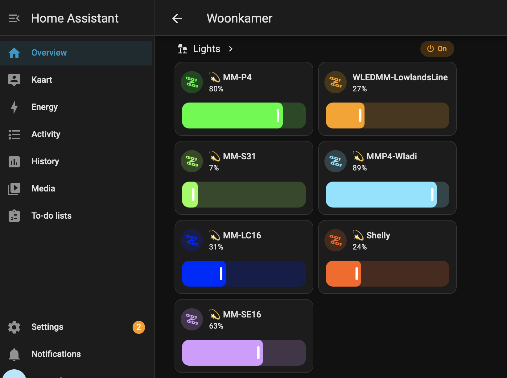 projectMM devices as 💫-marked lights in a Home Assistant dashboard