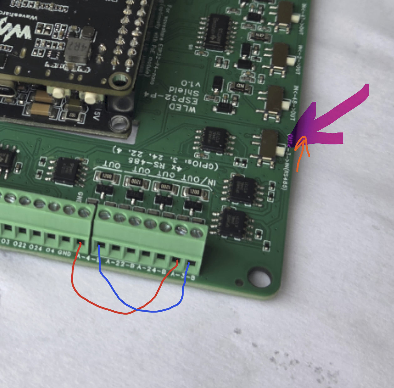 RS-485 loopback wiring: A4→A3, B4→B3, GPIO 3 switch in input position