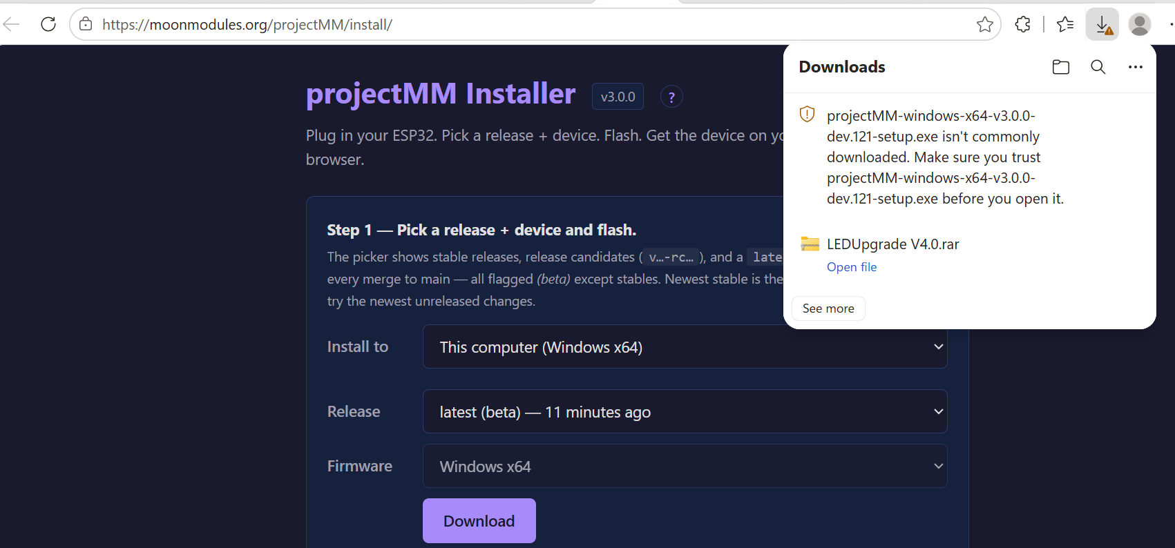 The web installer with Windows x64 selected, and the downloaded setup.exe in the browser's Downloads panel carrying a SmartScreen warning