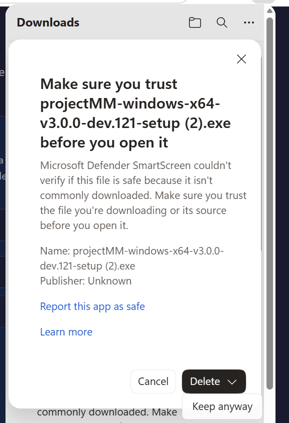 The SmartScreen download dialog, with the Delete dropdown open showing Keep anyway