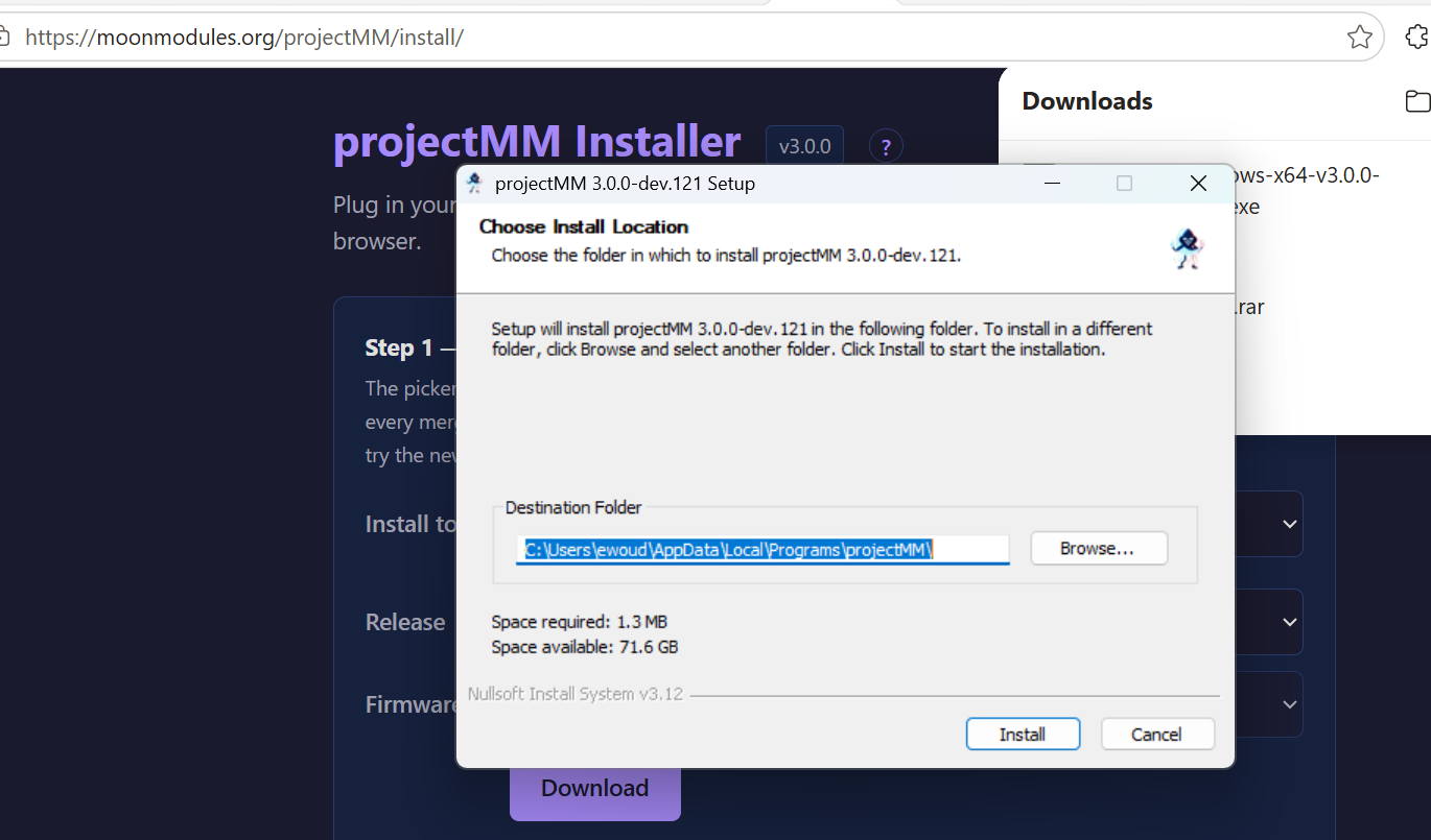 The projectMM setup dialog, showing the install location under AppData Local Programs