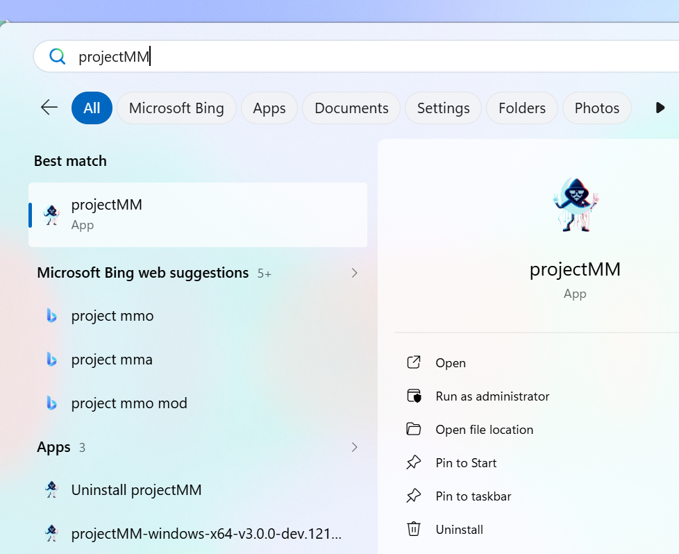 The Windows Start menu showing projectMM with its icon, and an Uninstall projectMM entry