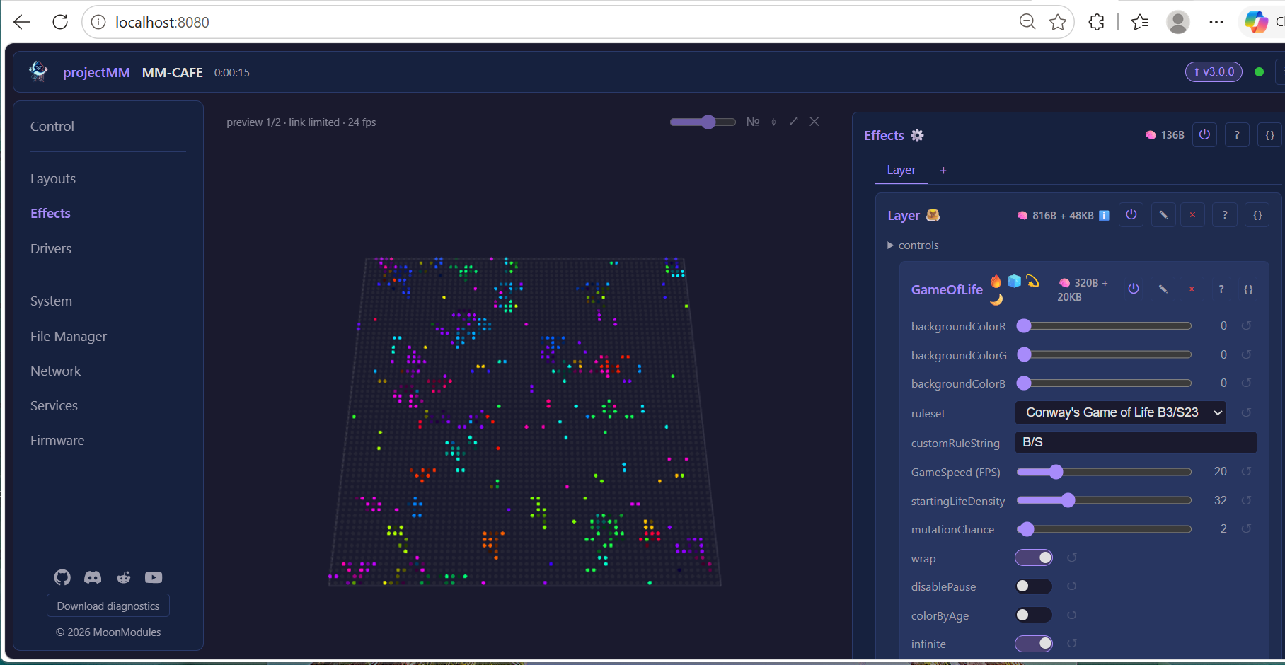 projectMM running: the web interface with a live 3D preview and the Effects panel